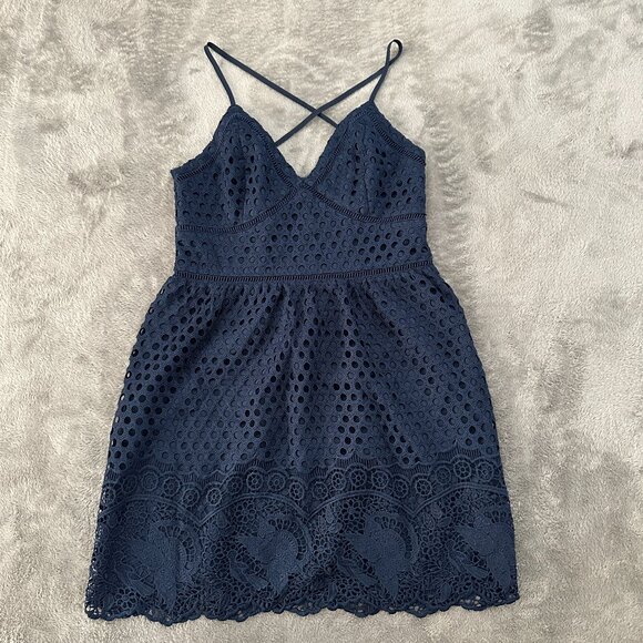 Abercrombie & Fitch Navy Blue Eyelet Strappy Mini Dress MEDIUM - Picture 1 of 5